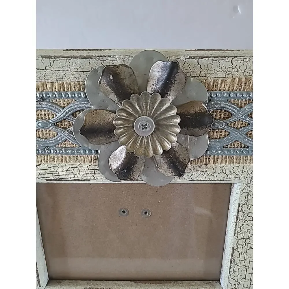 Country Style Picture Frame w/ Metal Flower Holds 3